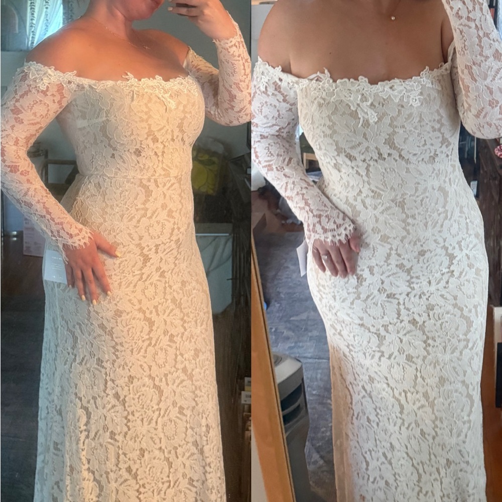 Lulu's Cream Lace Off-Shoulder Wedding Dress